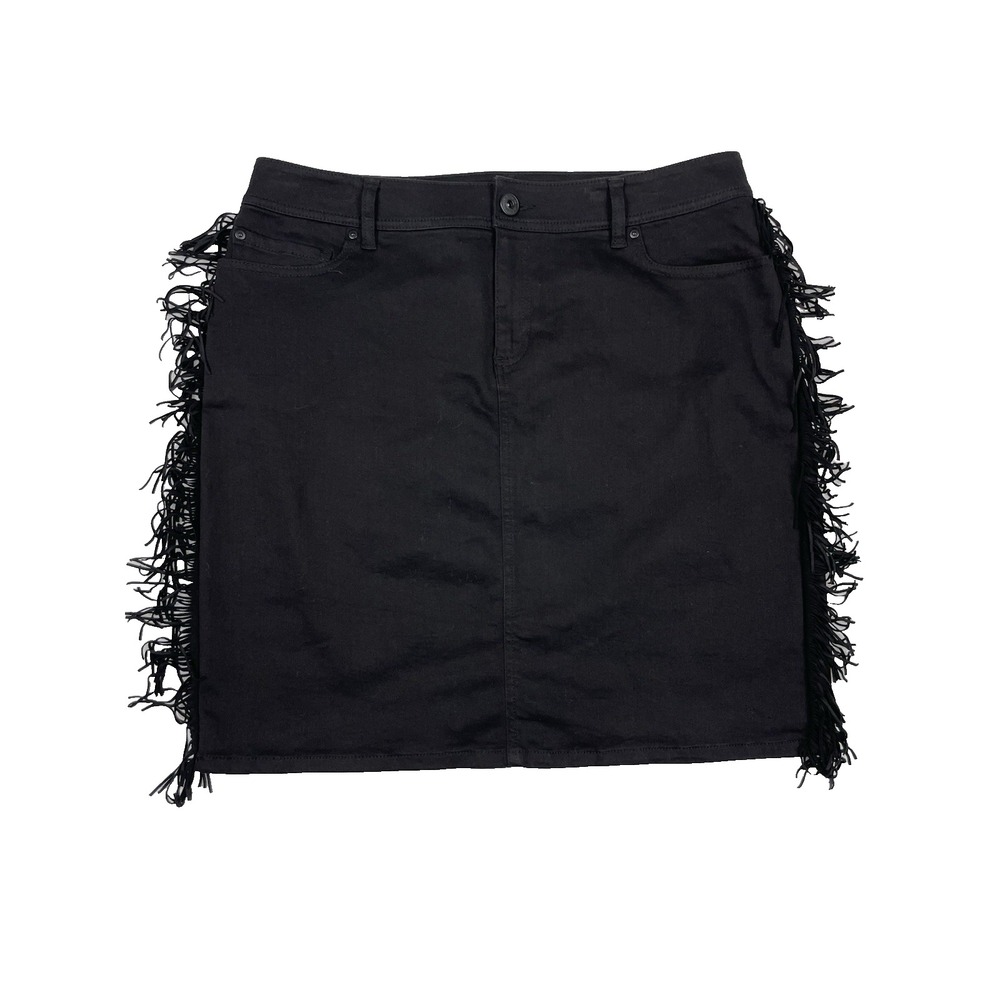 INC International Concepts Women's Fringe-Trim Denim Black Skirt Size 14 Western